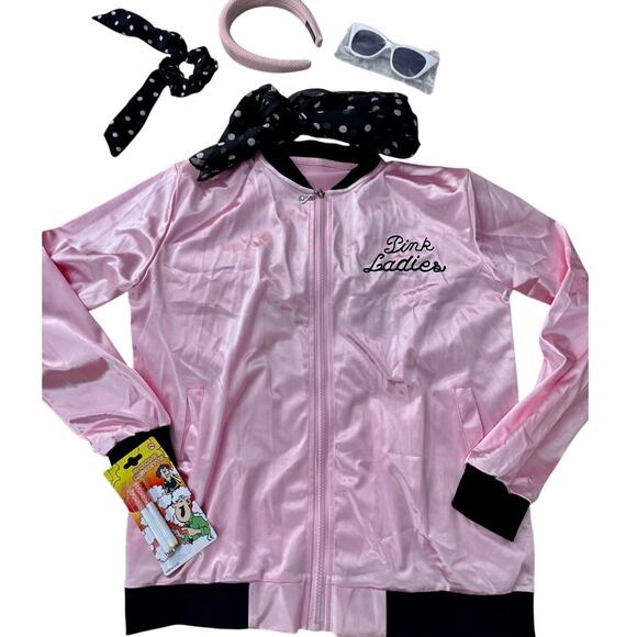 NEW Grease 1950s Pink Lady's Satin Jacket Halloween Costume 6 Piece Set Sz Small - Picture 2 of 7